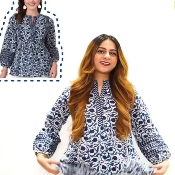 Women’s Navy Blue Floral Cotton Top with Mandarin Collar & Puff 3/4 Sleeves - Picture 4 of 6